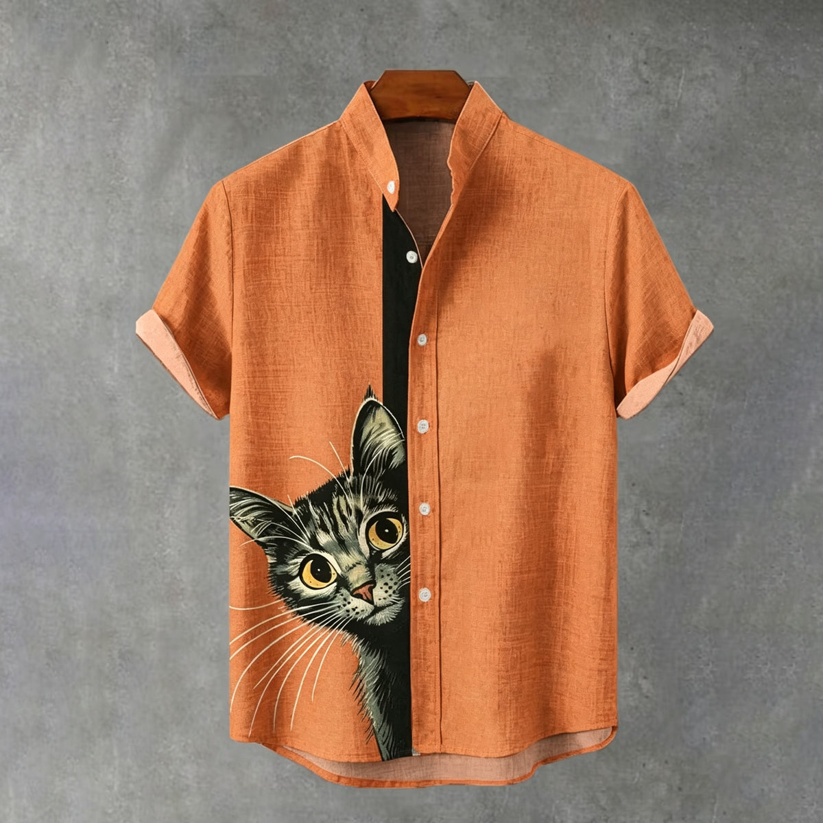 Men's Vintage Orange Cute Curious Kitten Printing Breast Pocket Stand Collar Flowy Linen Blend Casual Shirt