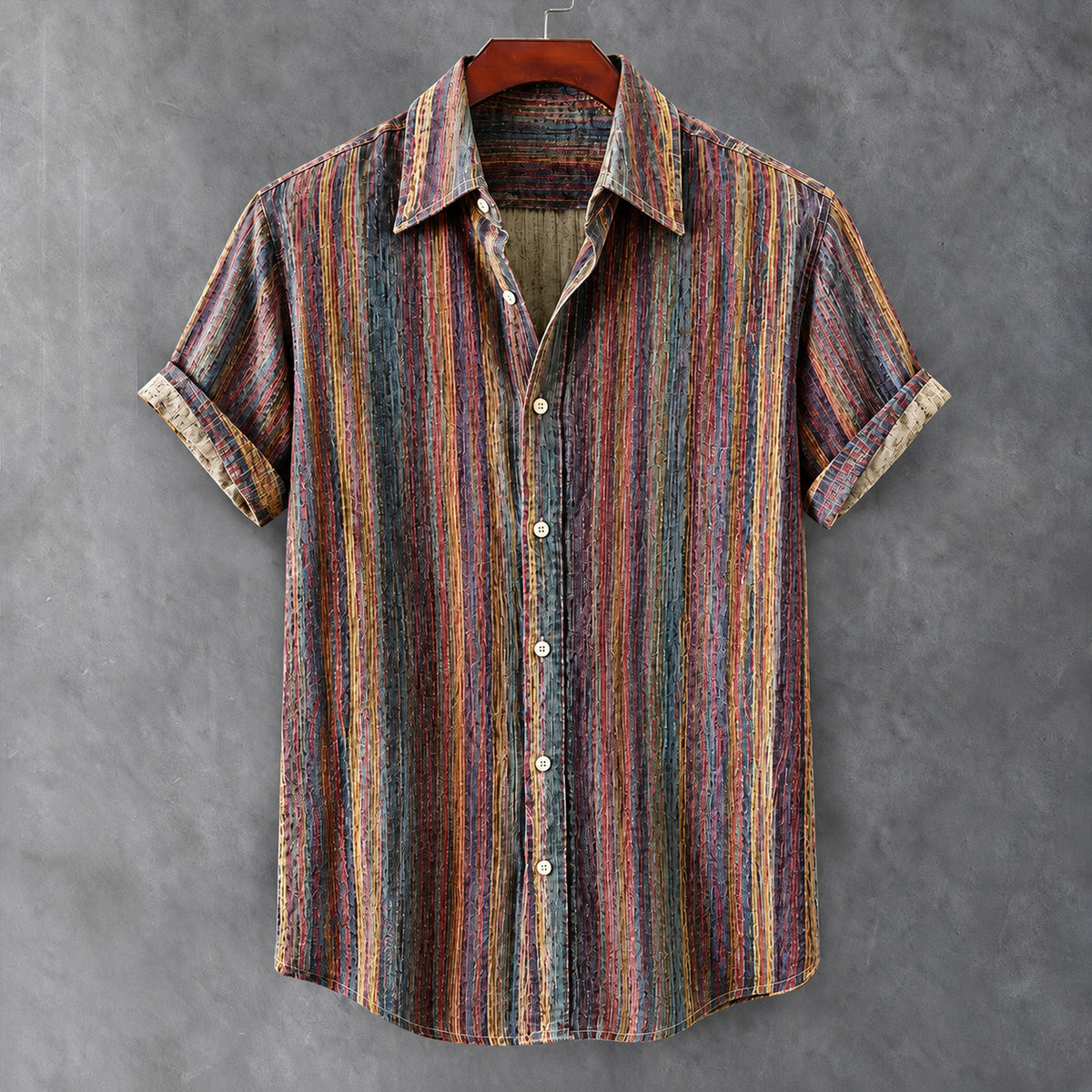 Men's Vintage Colorful Striped Art Print Casual Short Sleeve Shirt
