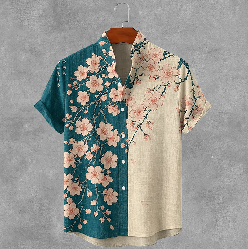 Vintage Japanese Cherry Blossom Art Print Button Casual Linen Shirt