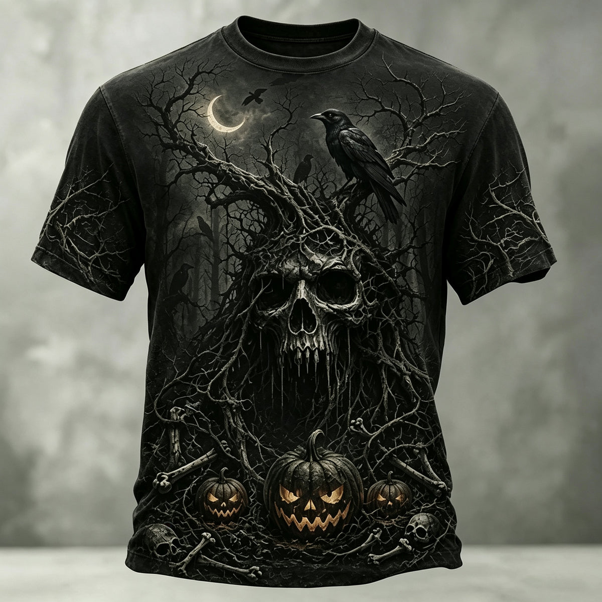 Men's Retro Halloween Skull And Pumpkin Print Casual T-shirt