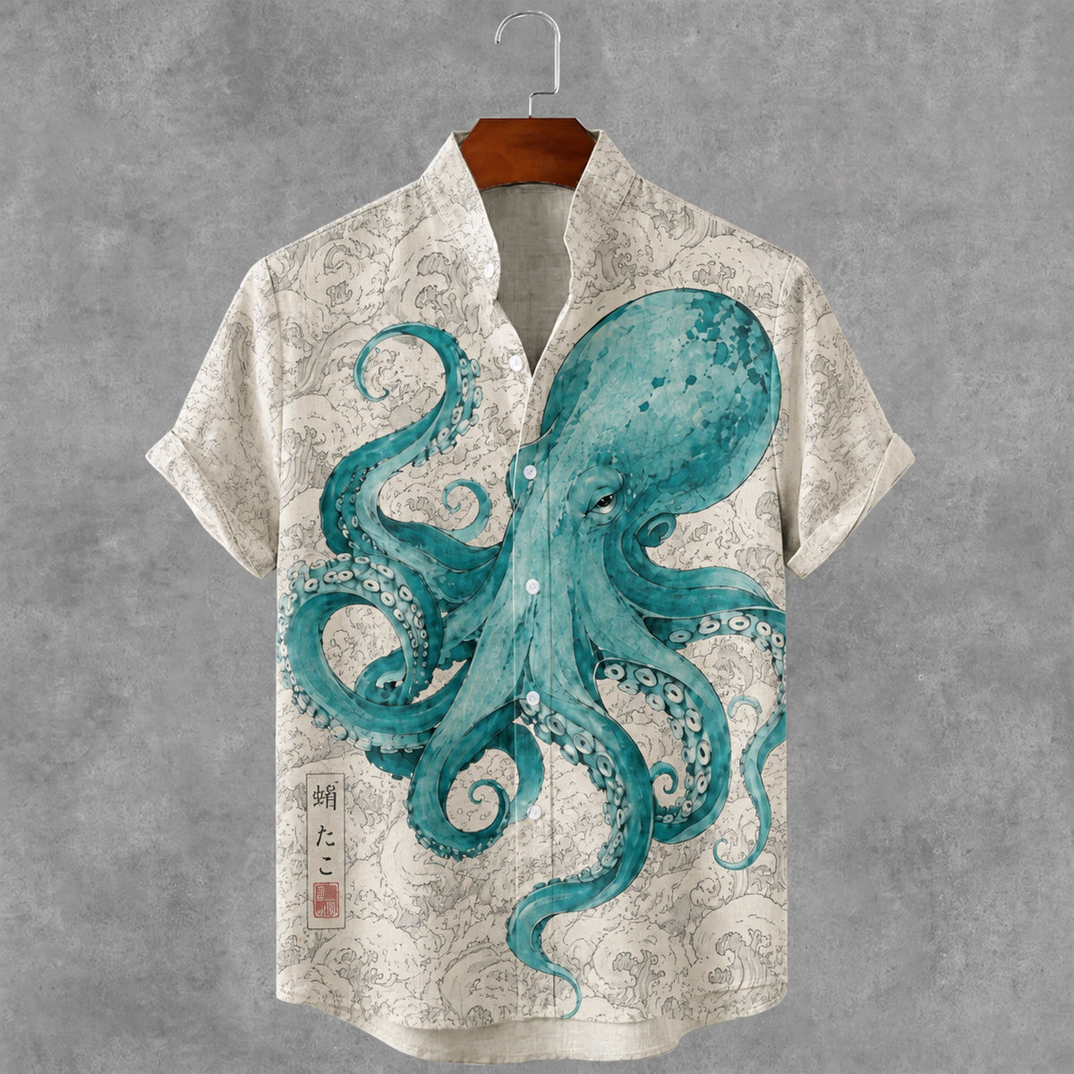Men's Vintage Japanese Octopus Art Print Button Casual Linen Shirt