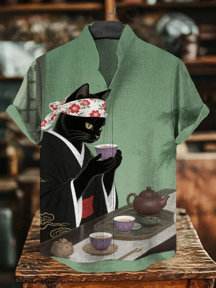 Vintage Japanese Cat Patchwork Art Print Casual Linen Shirt
