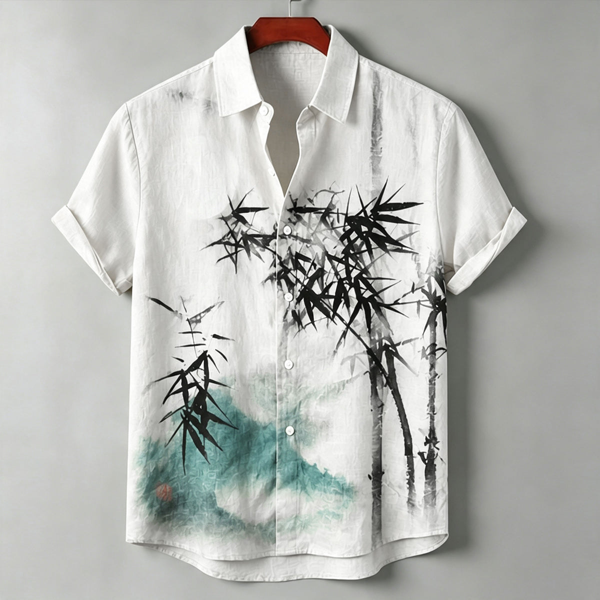 Men's Vintage Oriental Art  Ink Bamboo Moon Landscape Print Linen Short Sleeve Button Down Shirt