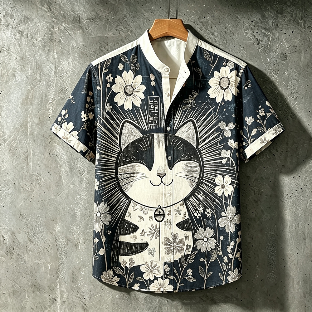 Men's Short-sleeve Stand Collar Shirt Featuring A Cute Graphic Cat Surrounded By Vintage Flowers And Ink-style Lines