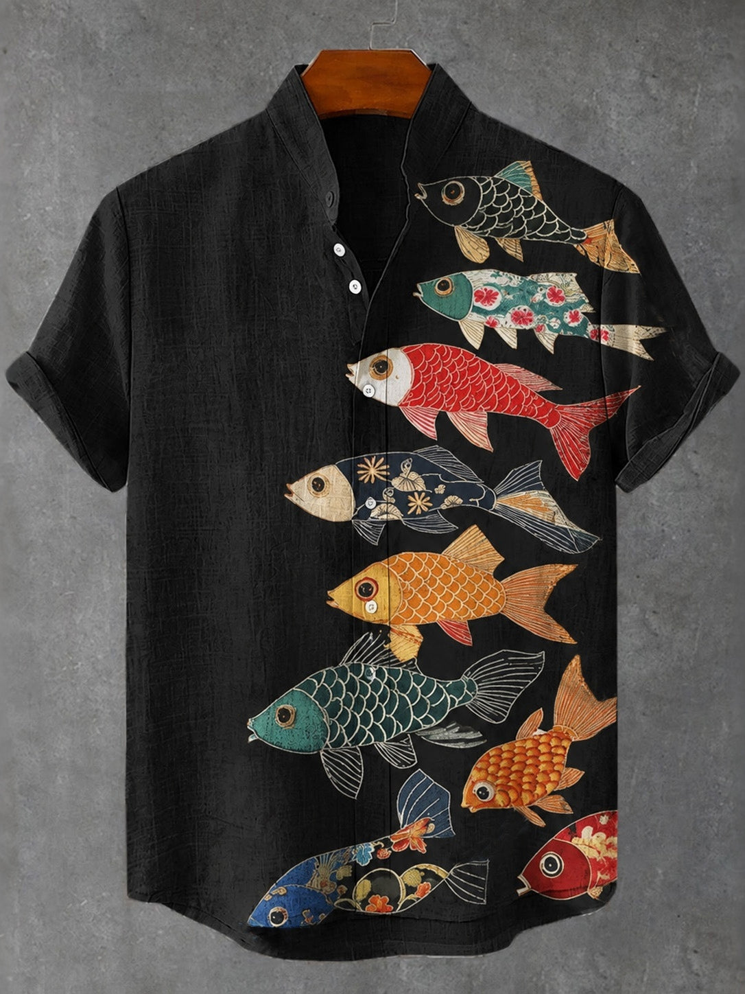 Men's Retro Japanese Art Koi Print Linen Short-sleeve Shirt