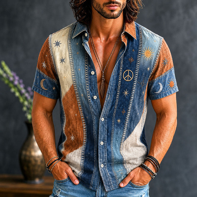 Men's Vintage Patchwork Peace Sign Sun Moon Star Art Print Linen Shirt