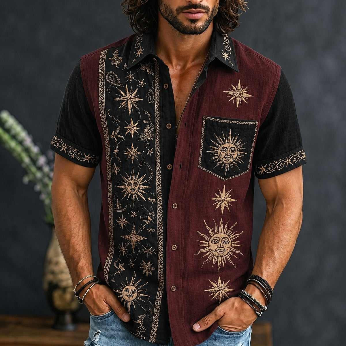 Men's Retro Sun And Star Printed Short Sleeve Shirt