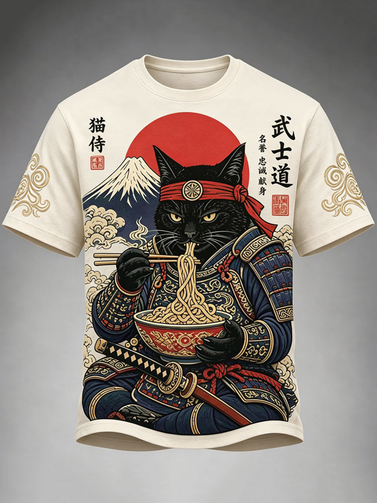 Men's Black Cat Samurai Eats Ramen Print Casual T-shirt