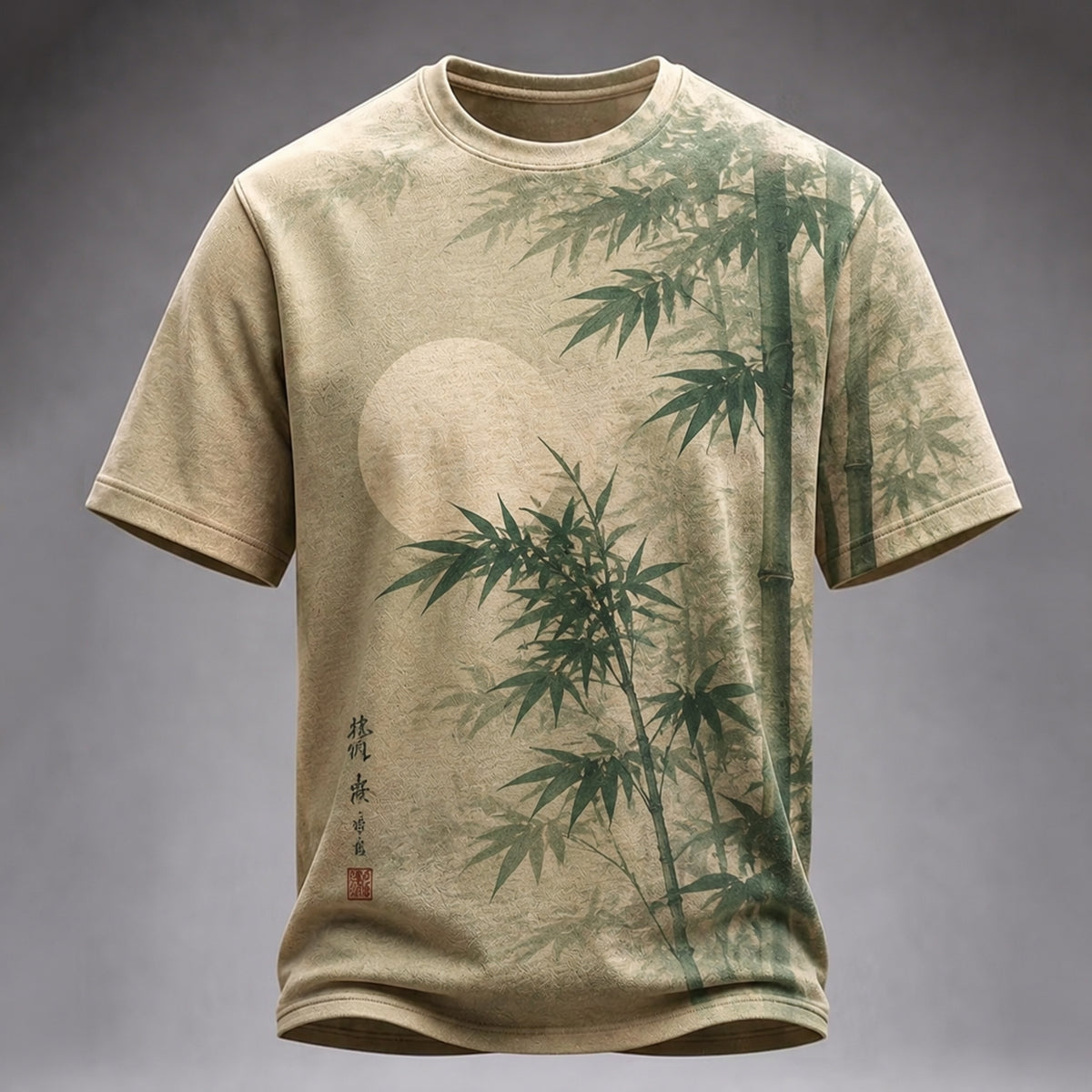 Men's Vintage Japanese Bamboo Art Print Crew Neck Short Sleeve Casual T-shirt