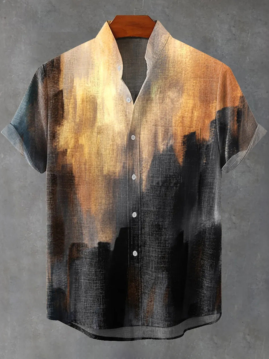 Men's Gradient Aged Texture Vintage Print Linen Blend Short-sleeve Shirt