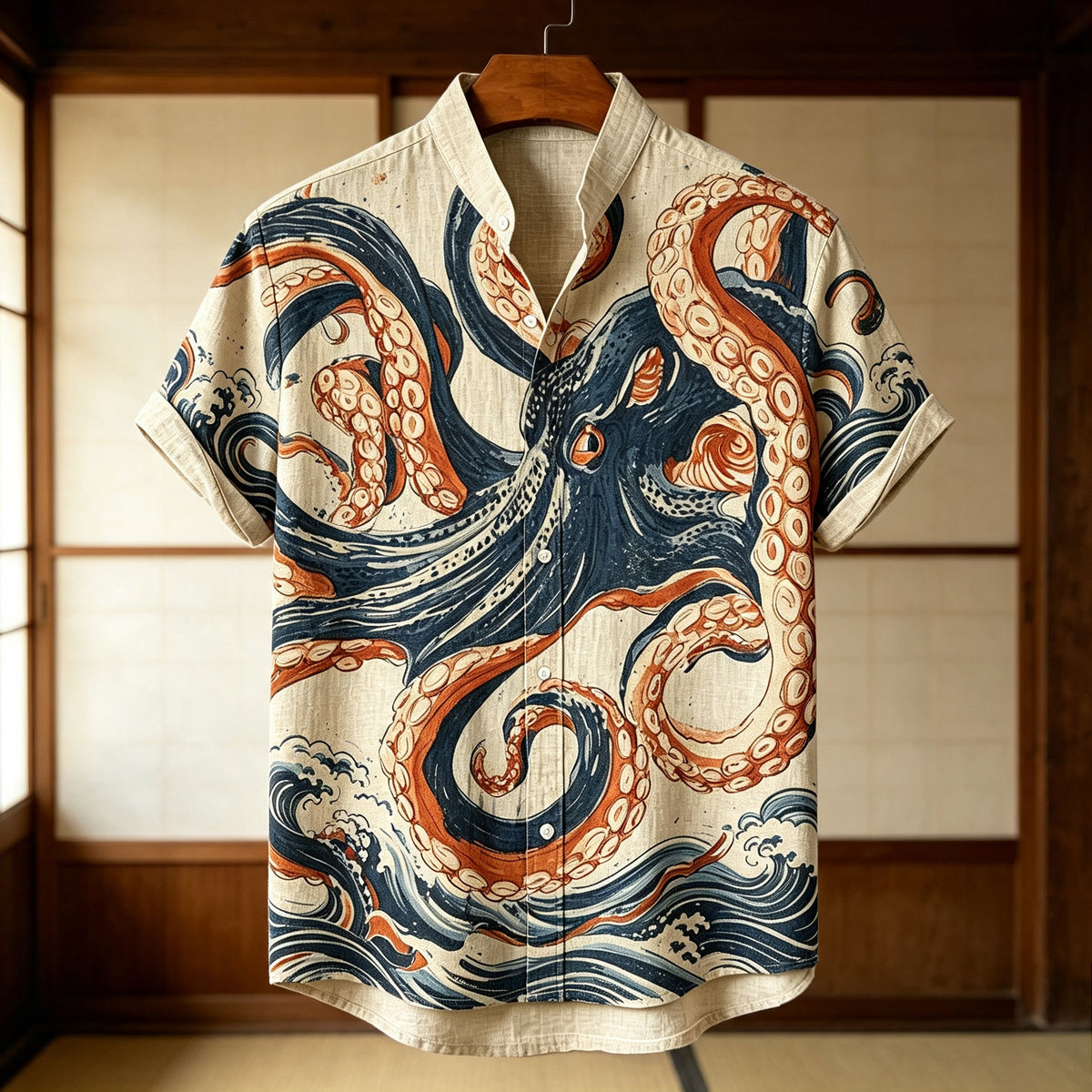 Men's Retro Japanese Art Octopus And Wave Print Linen Short-sleeve Shirt