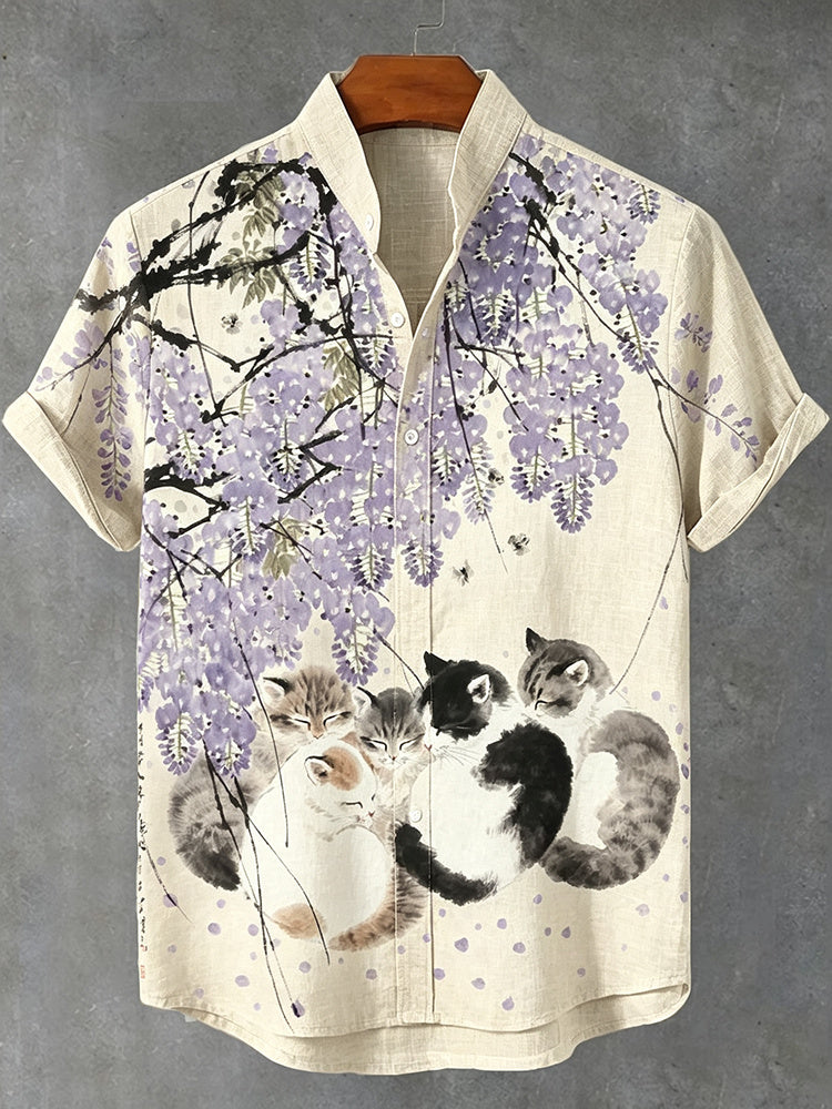 Men's Japanese Art Retro Floral Cat Print Linen Short-sleeve Shirt