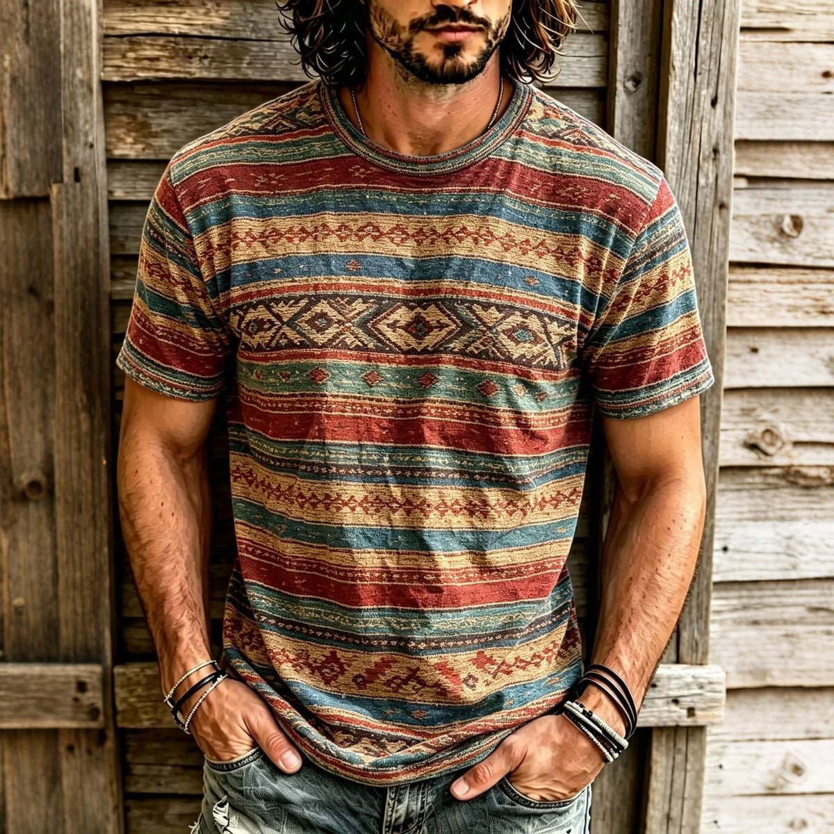 Men's Retro Ethnic Geometric Rainbow Stripes Print Crew Neck T-shirt