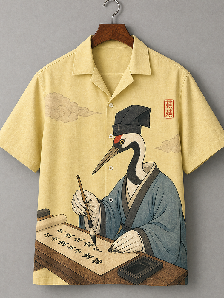 Men's Traditional Chinese Scholar Crane Calligraphy Print Short Sleeve Shirt