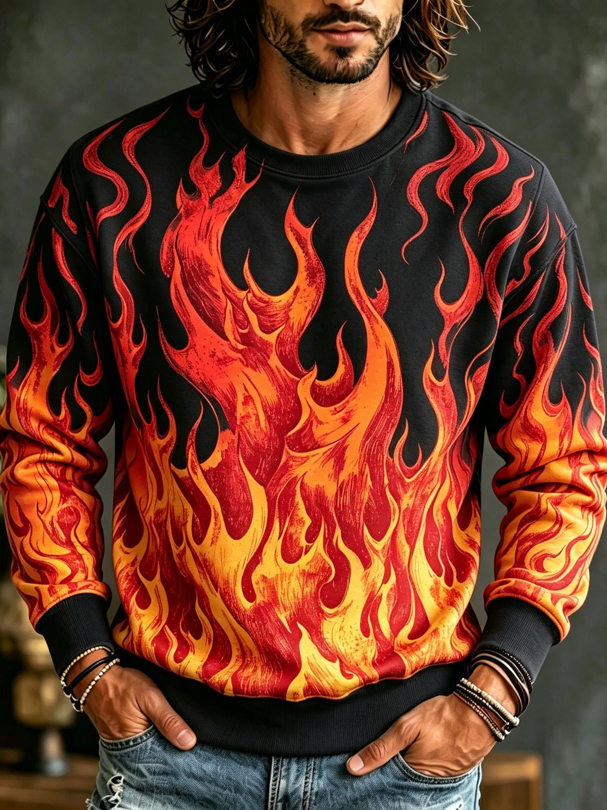 Men's Retro Halloween Flame Print Long-sleeve Sweatshirt