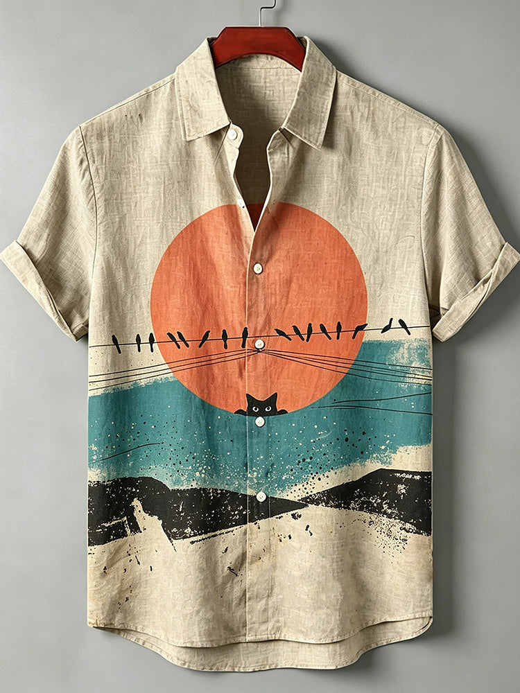 Men's Retro Sunset Bird And Black Cat Print Casual Linen Shirt