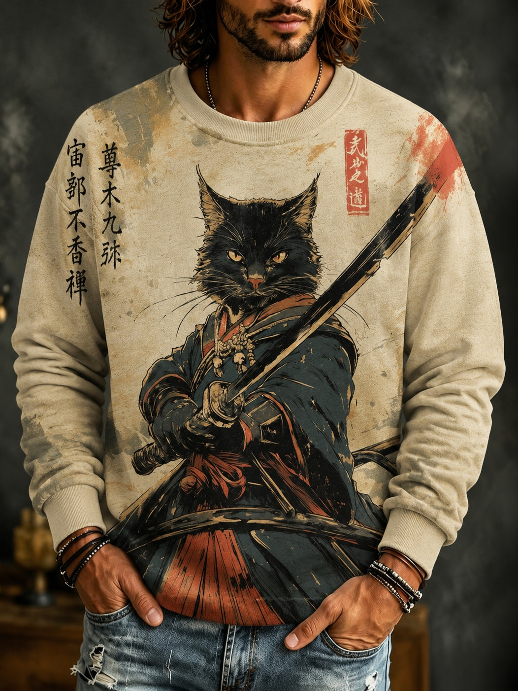 Men's Black Cat Samurai Japanese Art Print Casual Sweatshirt