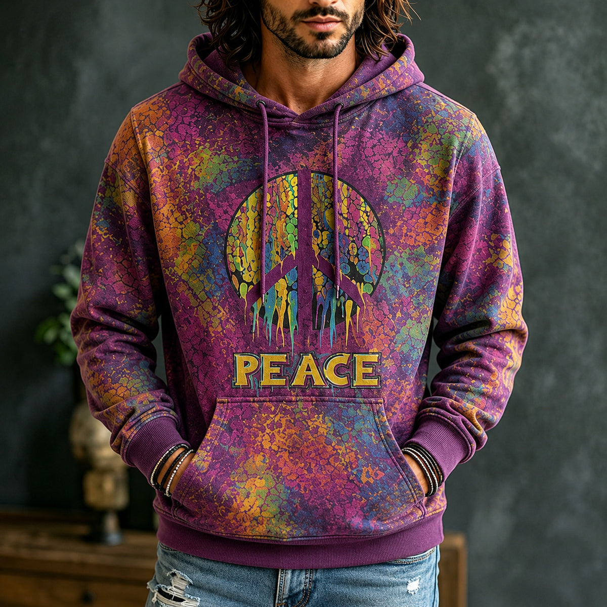 Men's Retro Hippie Peace Sign Print Hoodie