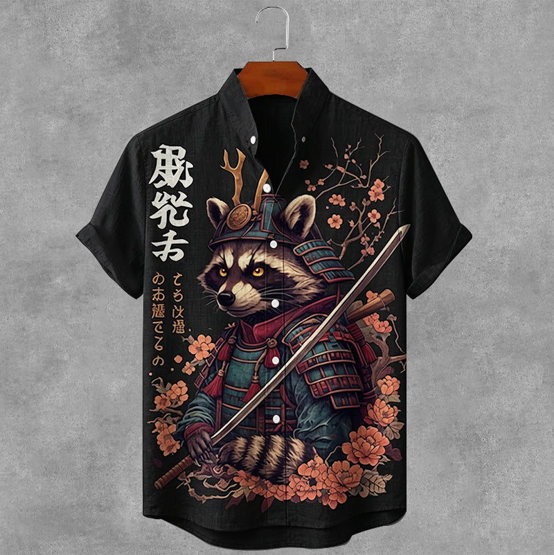 Vintage Japanese Raccoon Art Button Casual Linen Shirt