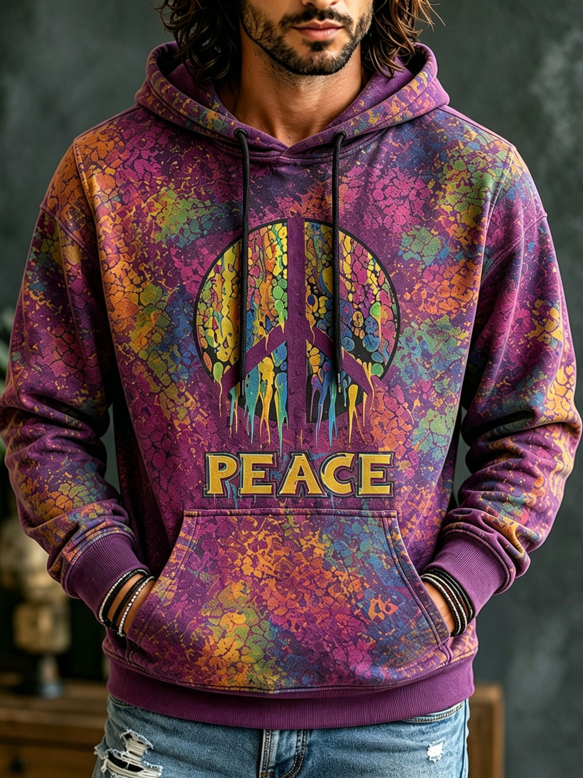 Men's Retro Hippie Peace Sign Print Hoodie