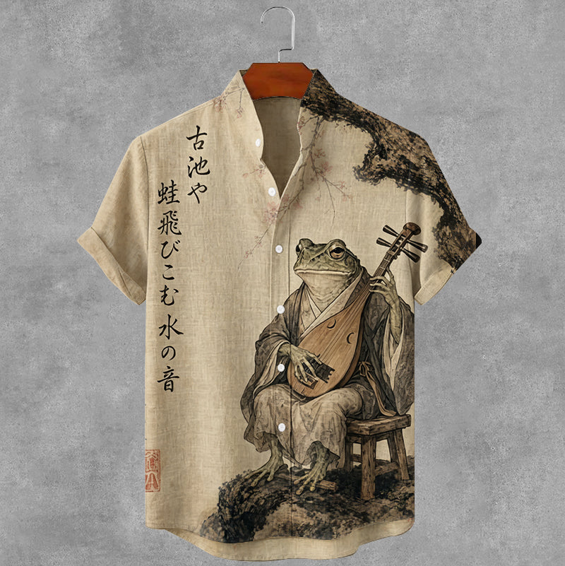 Vintage Japanese Frog Art Print Casual Linen Shirt