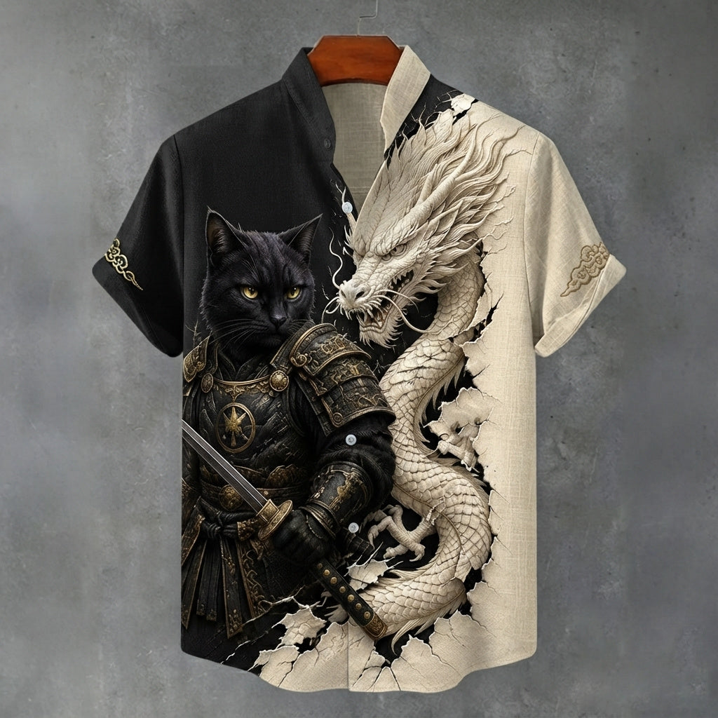 Men's Vintage Black Cat Warrior And White Dragon Japanese Art Printing Flowy Linen Blend Casual Shirt
