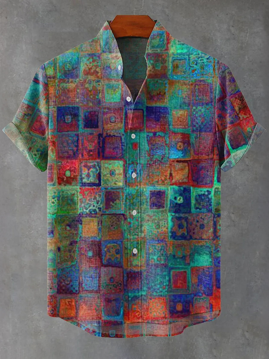 Men's Vintage Pattern Design Linen Blend Short-sleeve Shirt