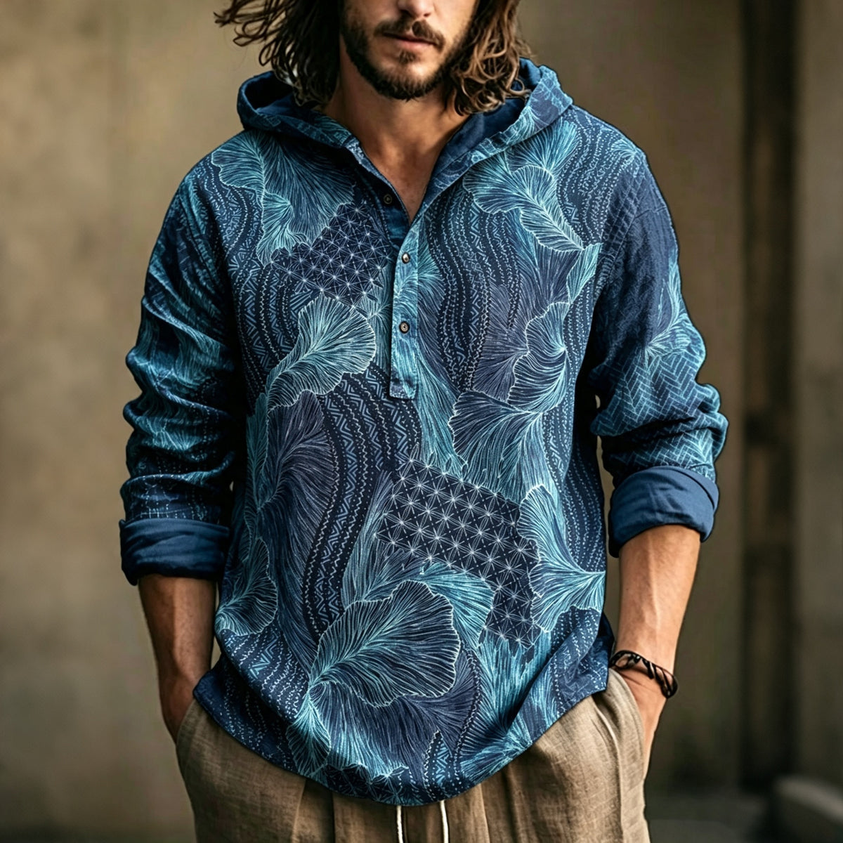 Men's Casual Vacation Printed Linen Hoodie