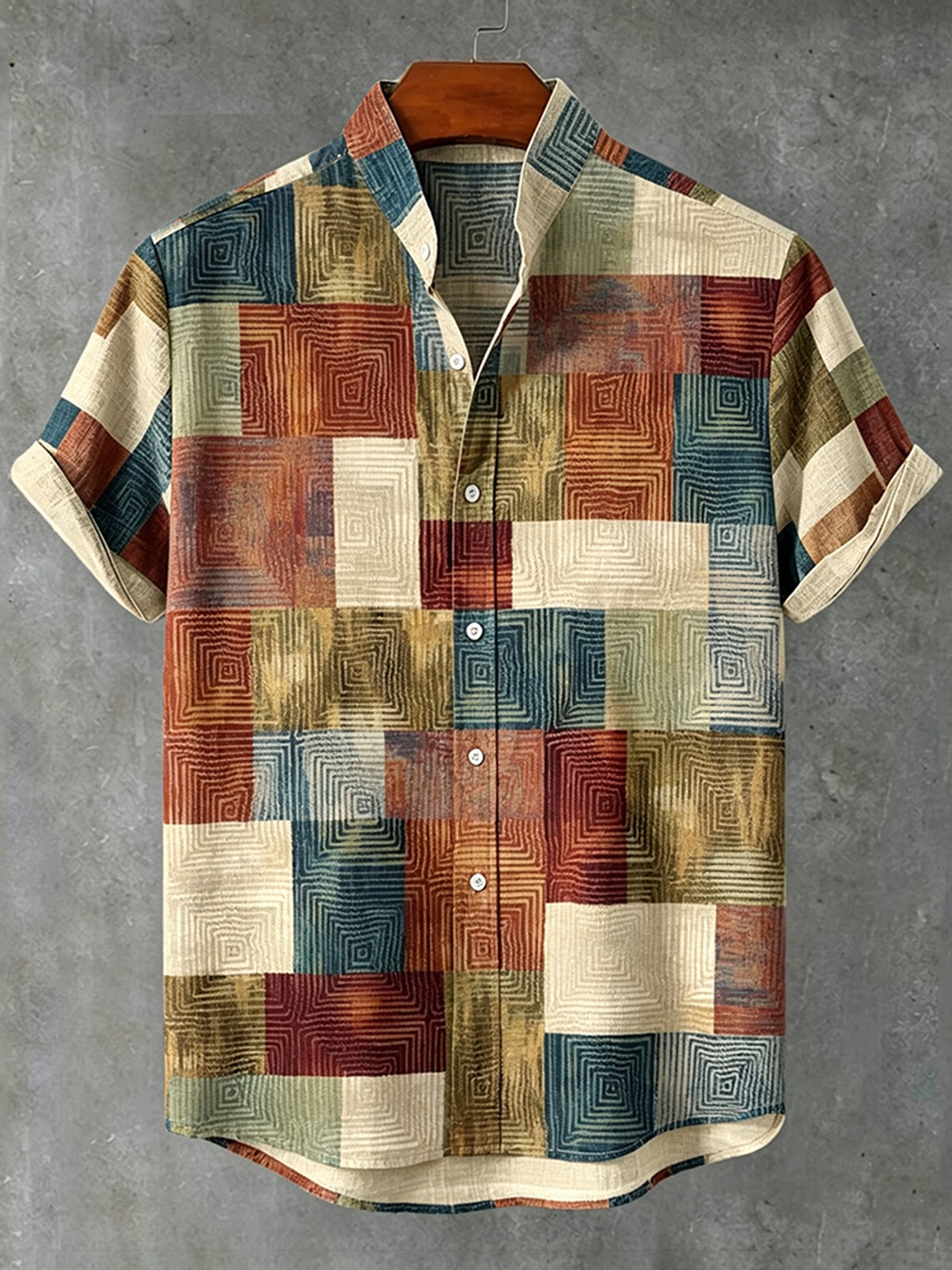 Men's Retro Casual Color Block Print Linen Short-sleeve Shirt