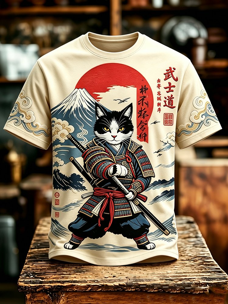 Men's Japanese Art Samurai Cat Print Short-sleeve T-shirt