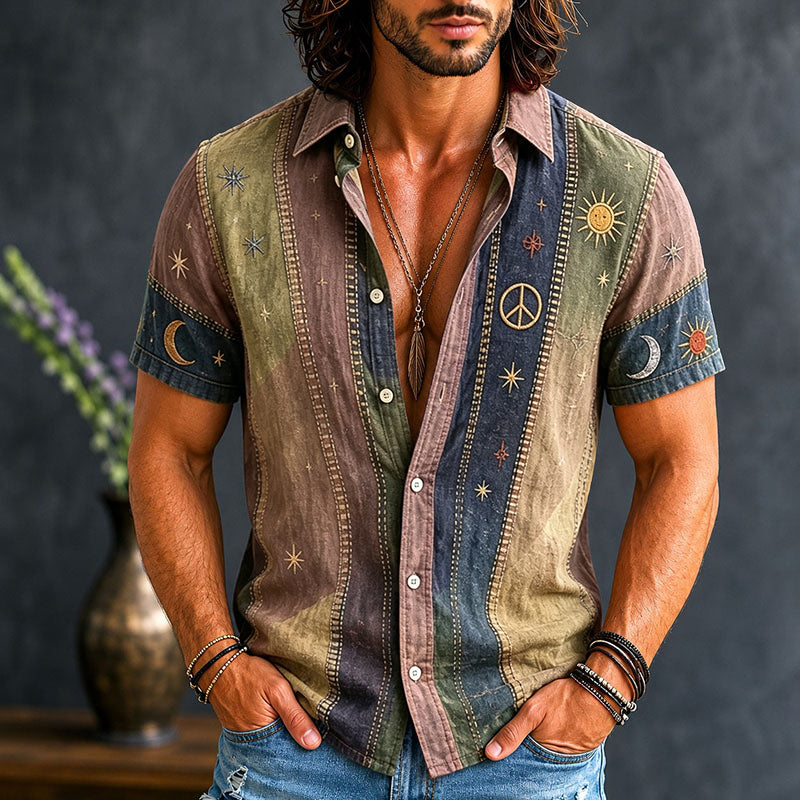 Men's Vintage Patchwork Peace Sign Sun Moon Star Art Print Linen Shirt