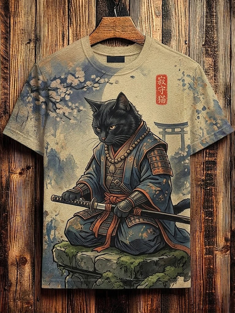 Men's Japanese Black Cat Samurai Art Print Casual Crew Neck Short Sleeve T-shirt