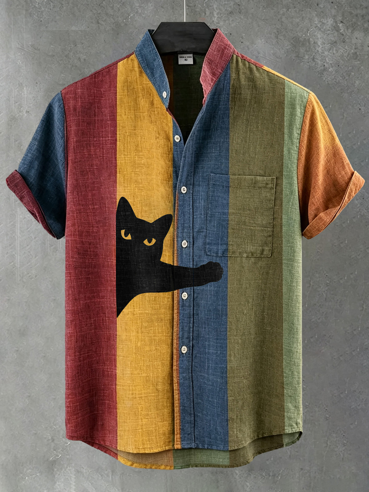 Men's Vintage Peeking Black Cat Contrast Stripe Art Casual Shirt
