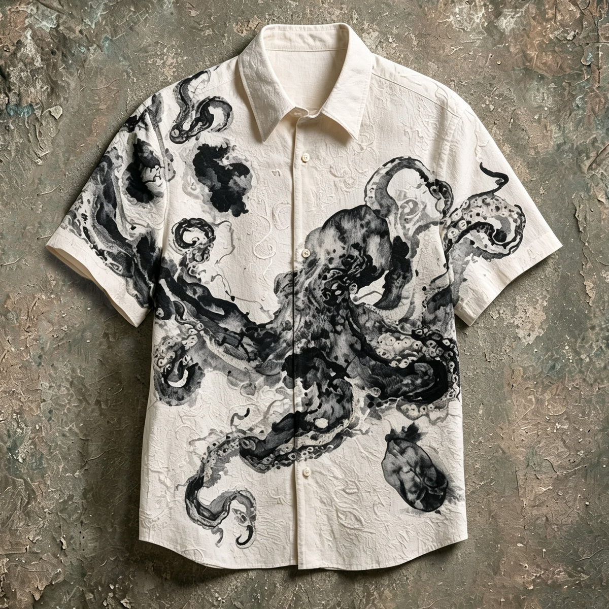Retro Ink-wash Octopus Textured Linen Blend Short-sleeved Shirt