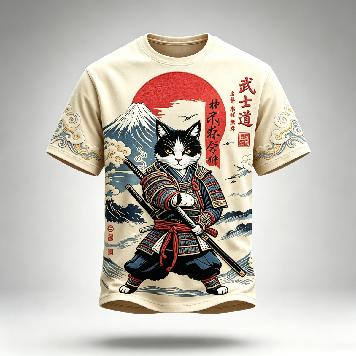 Men's Japanese Art Samurai Cat Print Short-sleeve T-shirt