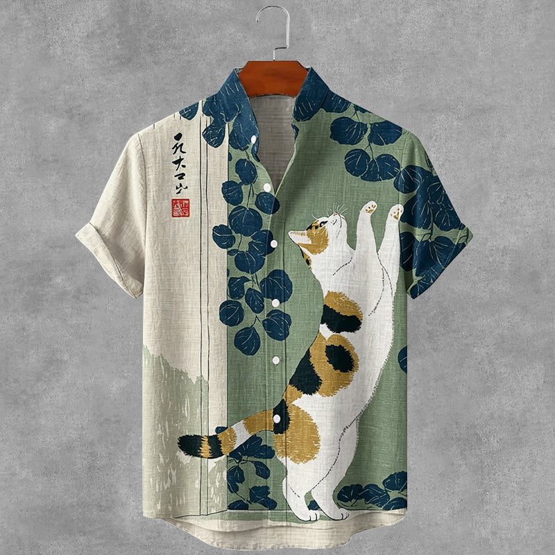 Men's Japanese Floral And Cat Art Pattern Linen Shirt