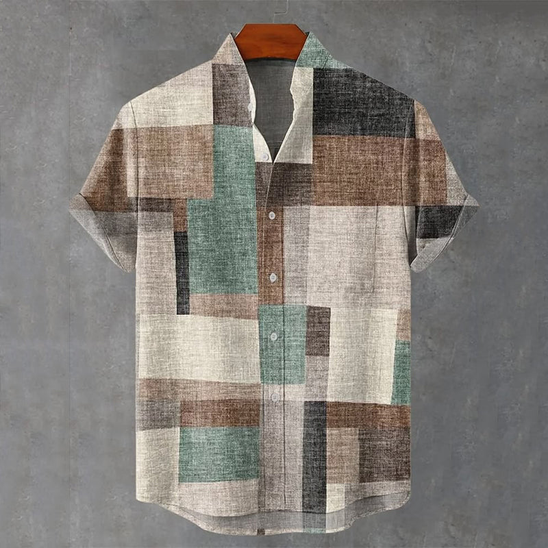 Vintage Geometry Color Block Art Print Casual Linen Short Sleeve Shirt