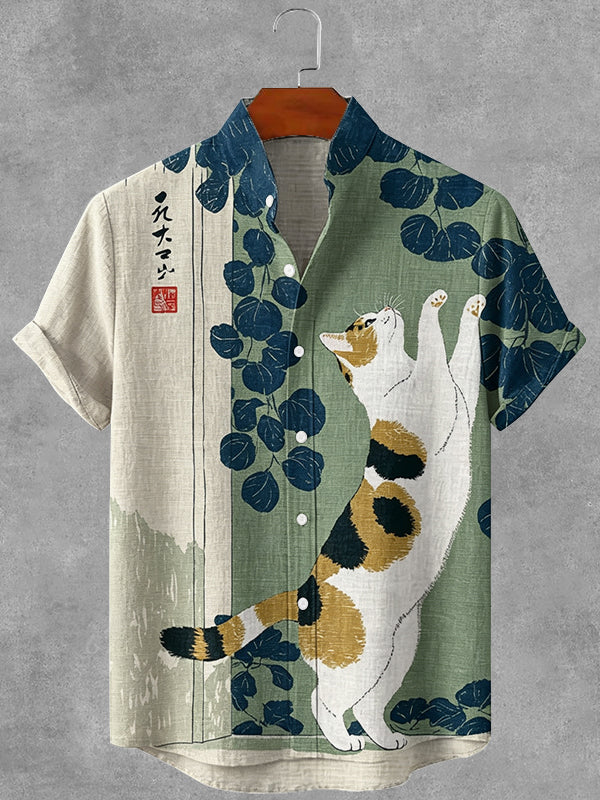 Men's Japanese Floral And Cat Art Pattern Linen Shirt