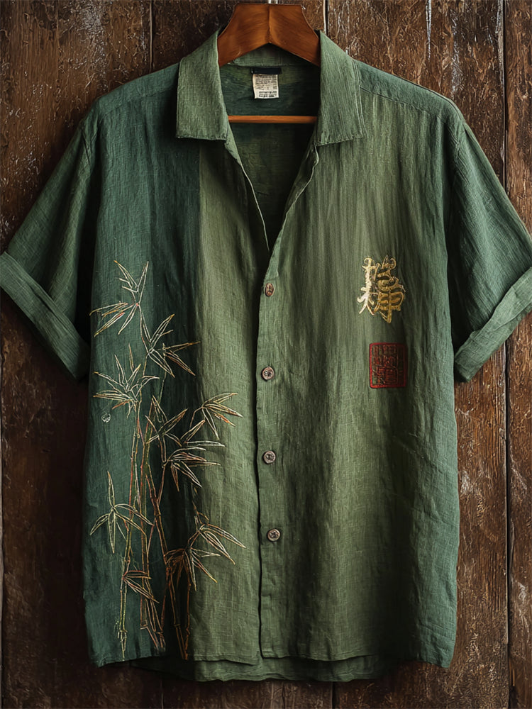 Japanese Bamboo Embroidered Colorblock Linen Shirt