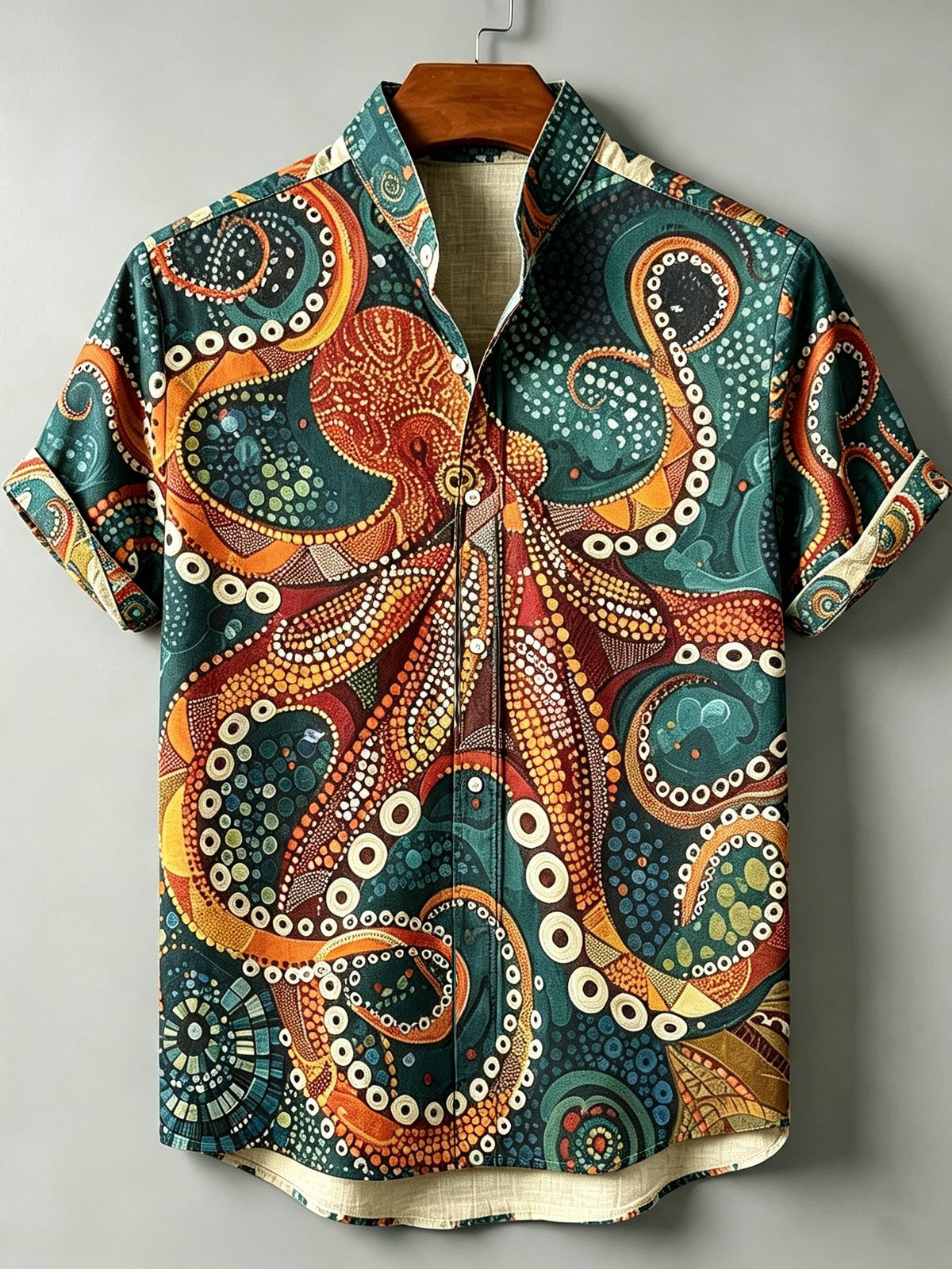 Men's Retro Japanese Octopus Print Linen Short-sleeve Shirt