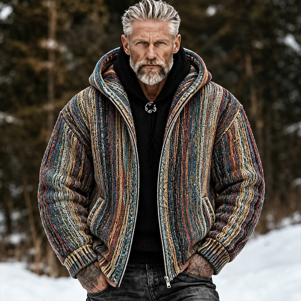Men's Vintage Colorful Striped Art Jacquard Casual Cardigan Zip-up Sweater