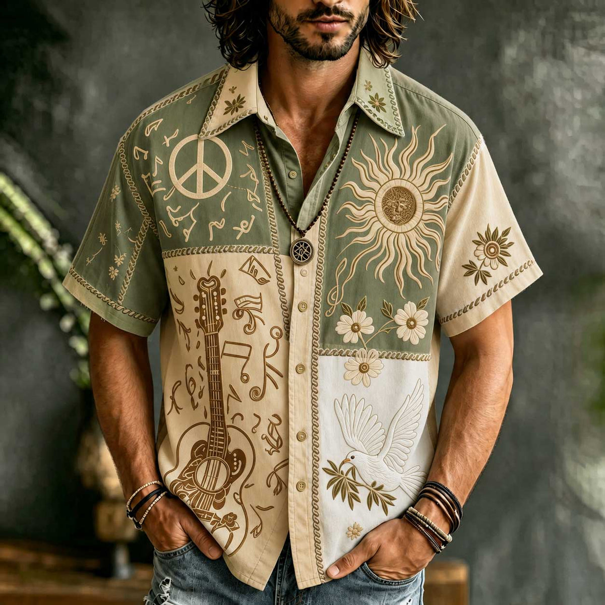 Men's Patchwork Denim Linen Short Sleeve Button Up Shirt, 3d Embroidery Guitar Peace Sign Sun Dove Floral Hippie Boho Vacation Shirt