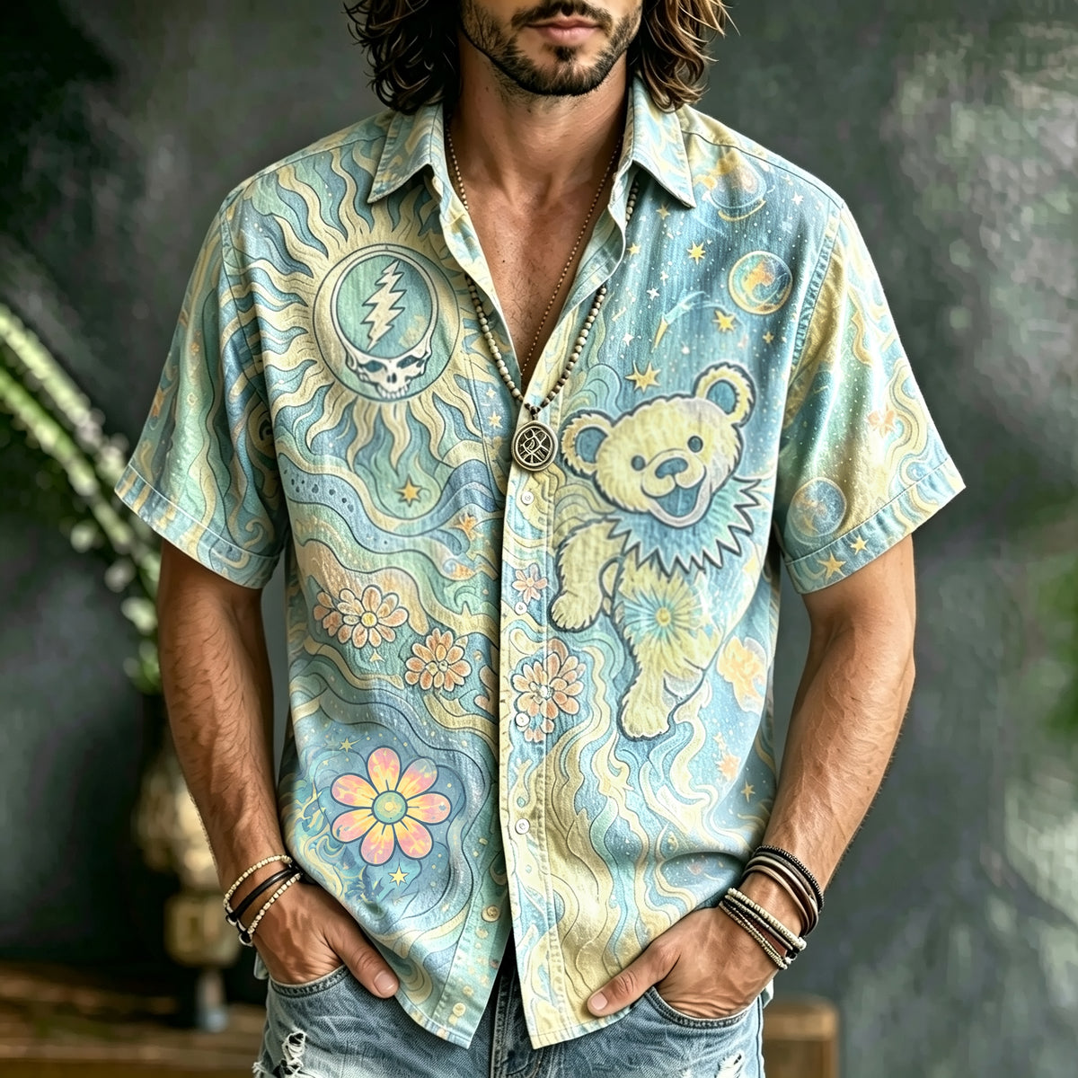 Men's Grateful Dead Dancing Bear Tie Dye Short Sleeve Button Shirt