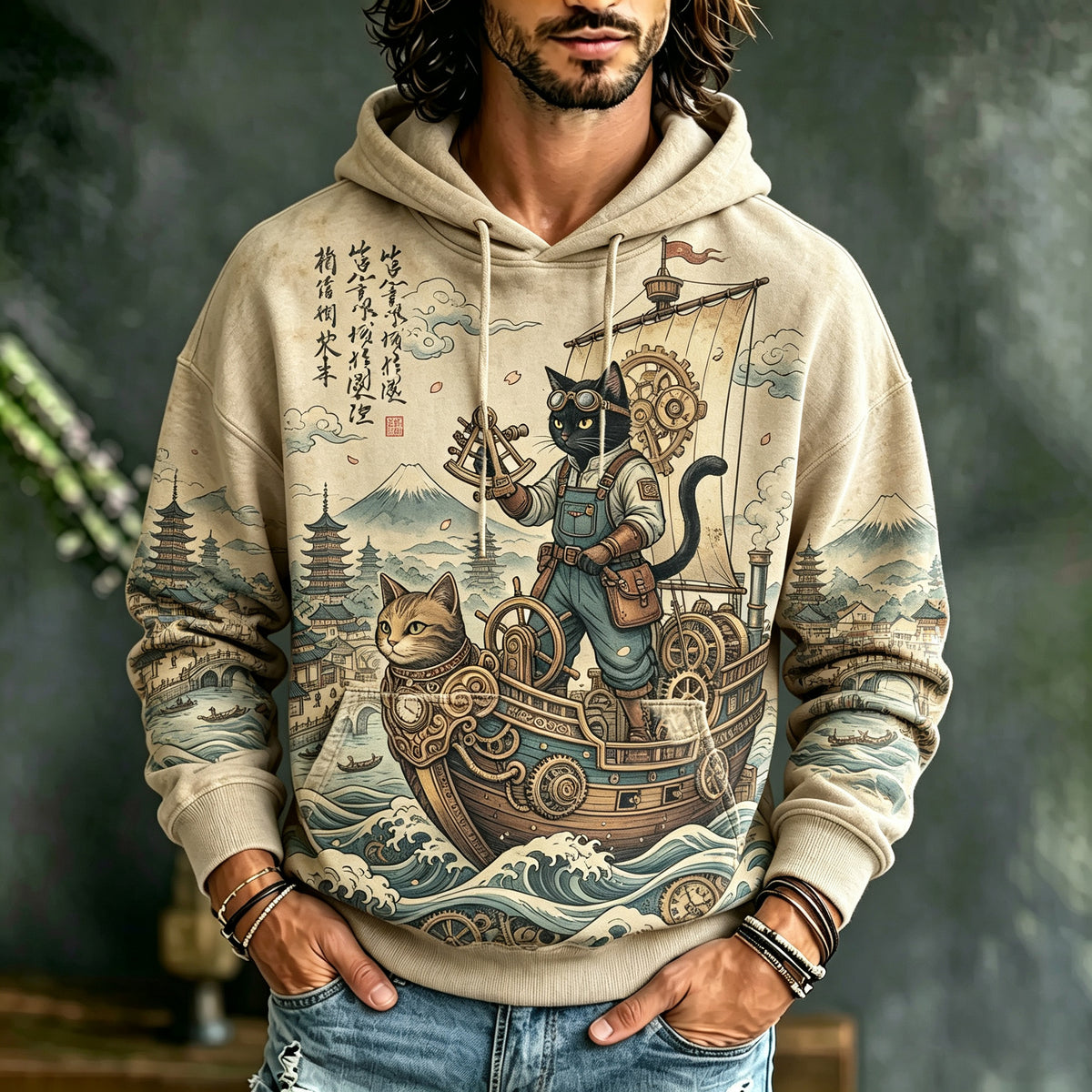 Men's Vintage Japanese Cat Art Print Casual Hoodie