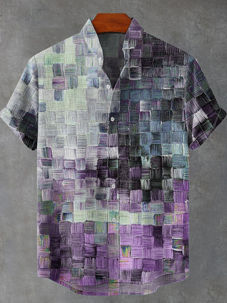 Oil Painting Style Lattice Vintage Art Print Casual Linen Shirt