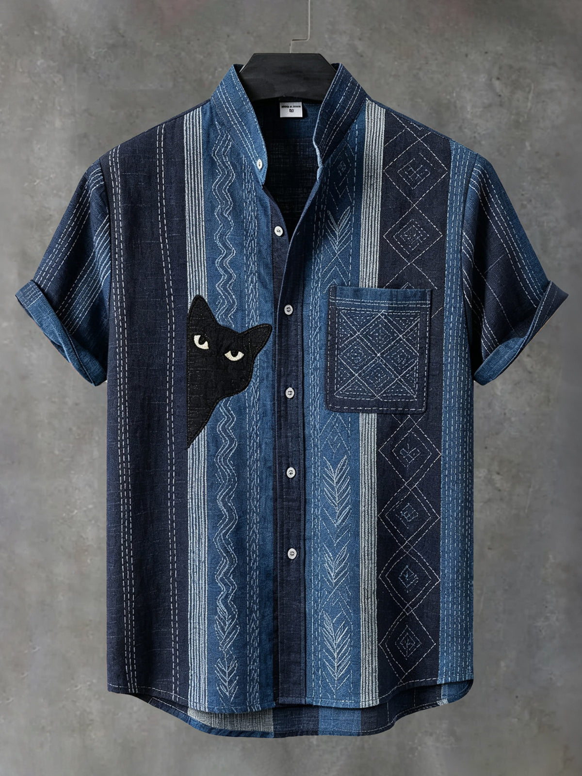 Men's Vintage Black Cat With Sashiko Embroidery Art Short Sleeve Shirt