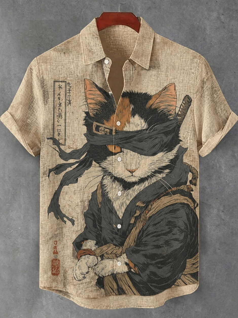 Men's Retro Japanese Cat Print Linen Shirt