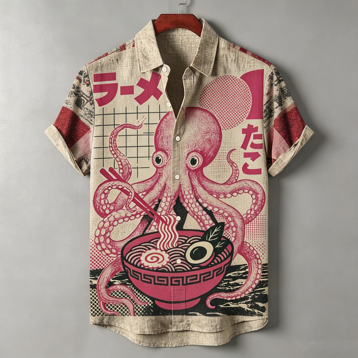 Men's Retro Japanese Ukiyo-e Octopus Ramen Pattern Print Casual Shirt