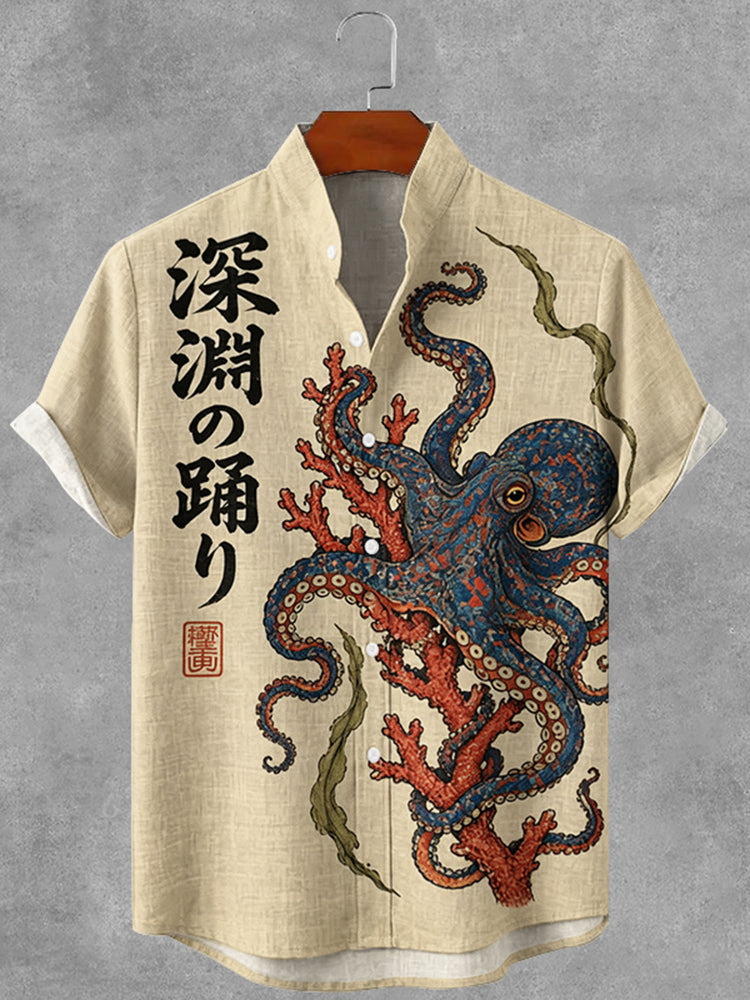 Vintage Japanese Octopus Art Print Casual Linen Shirt