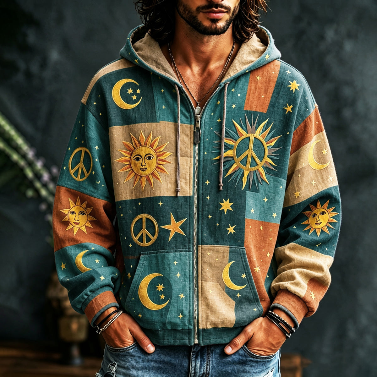 Men's Vintage Sun Moon Star Peace Sign Patchwork Art Cozy Warm Zipper Hoodie